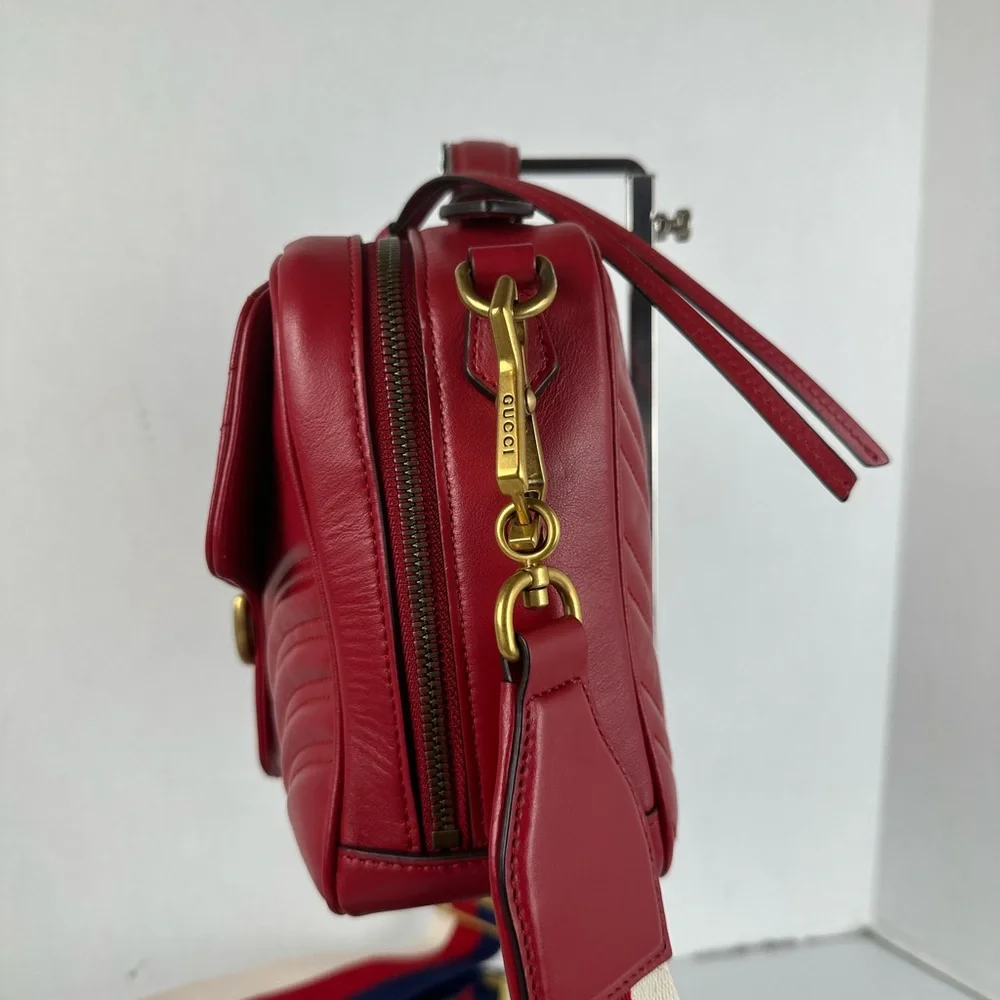 Gucci Red Quilted GG Marmont Crossbody Bag,  Leather And Guitar Straps